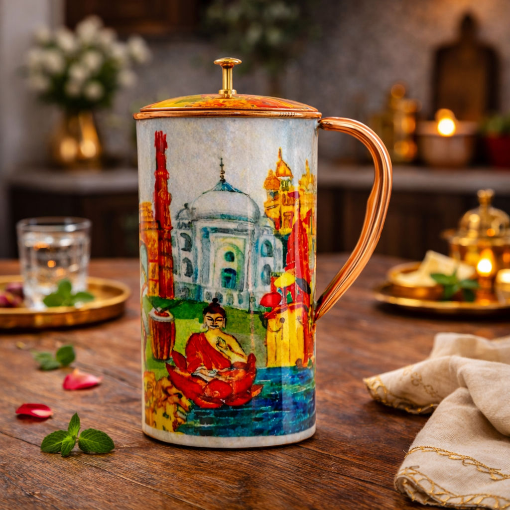 Pure copper printed jug padharo mhare desh design indiatour, 2000 ML
